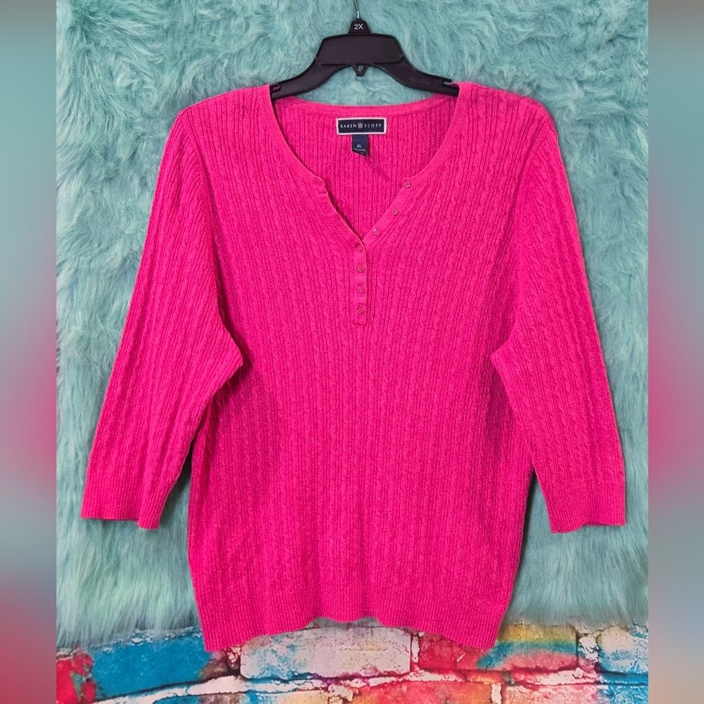 Karen Scott Pink Long Sleeved Ribbed Crew Neck Sweater Size XL